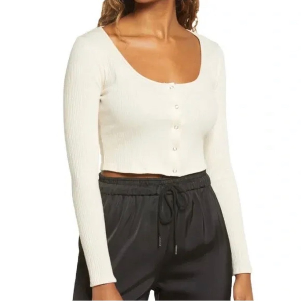 All in Favor NWT XS Sandstone Ribbed Scoop Neck Long Sleeve Crop Top 5433